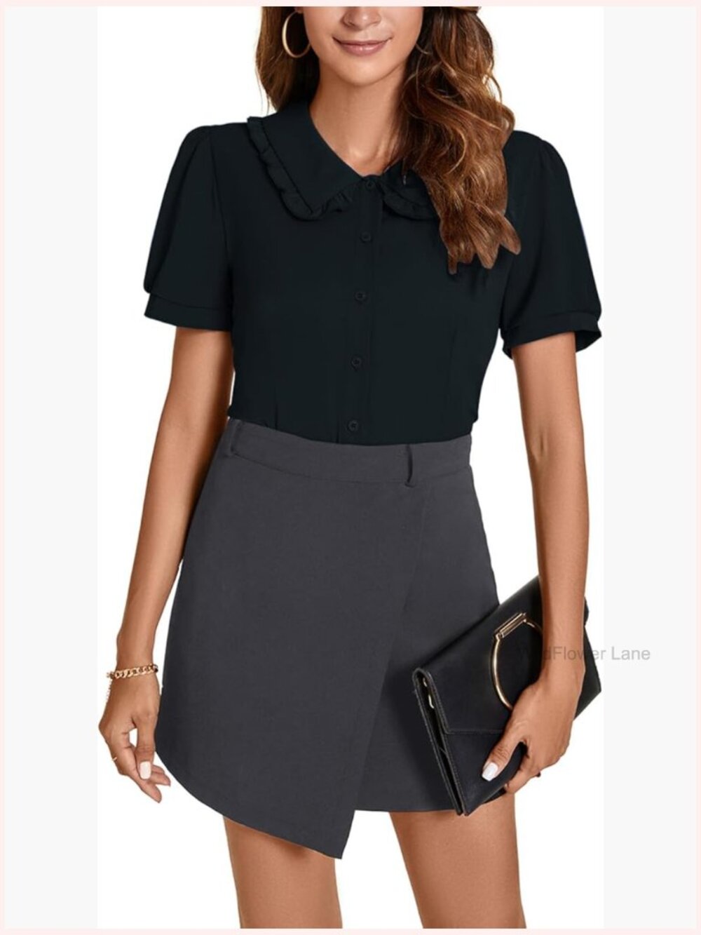 Peter Pan Collar Short Sleeve Blouse Button Work Top